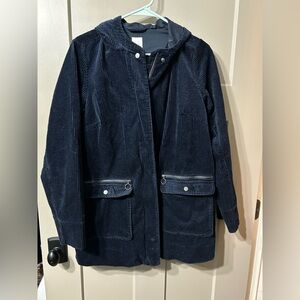 J.Jill navy blue corduroy zip-front jacket with a hood and front pockets